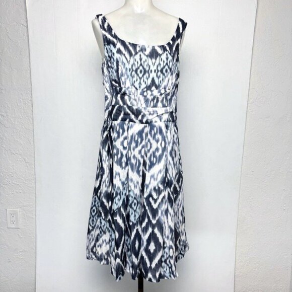 Peruvian Connection Ikat Fit and FlareDress Size 10 Blue White Sleeveless - Picture 2 of 11